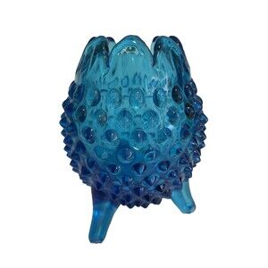 Vintage Fenton Art Glass Hobnail Colonial Blue Three Footed Egg Vase